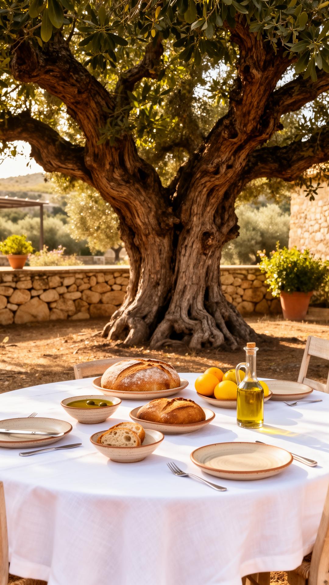 Ontbijttafel onder de johannesbroodbomen op landgoed Martillos bij Cartagena